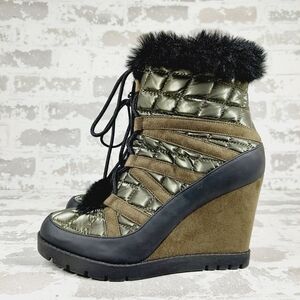 Jessica Simpson Brixel Camo Green Faux Fur Lace Up Wedge Heels E60